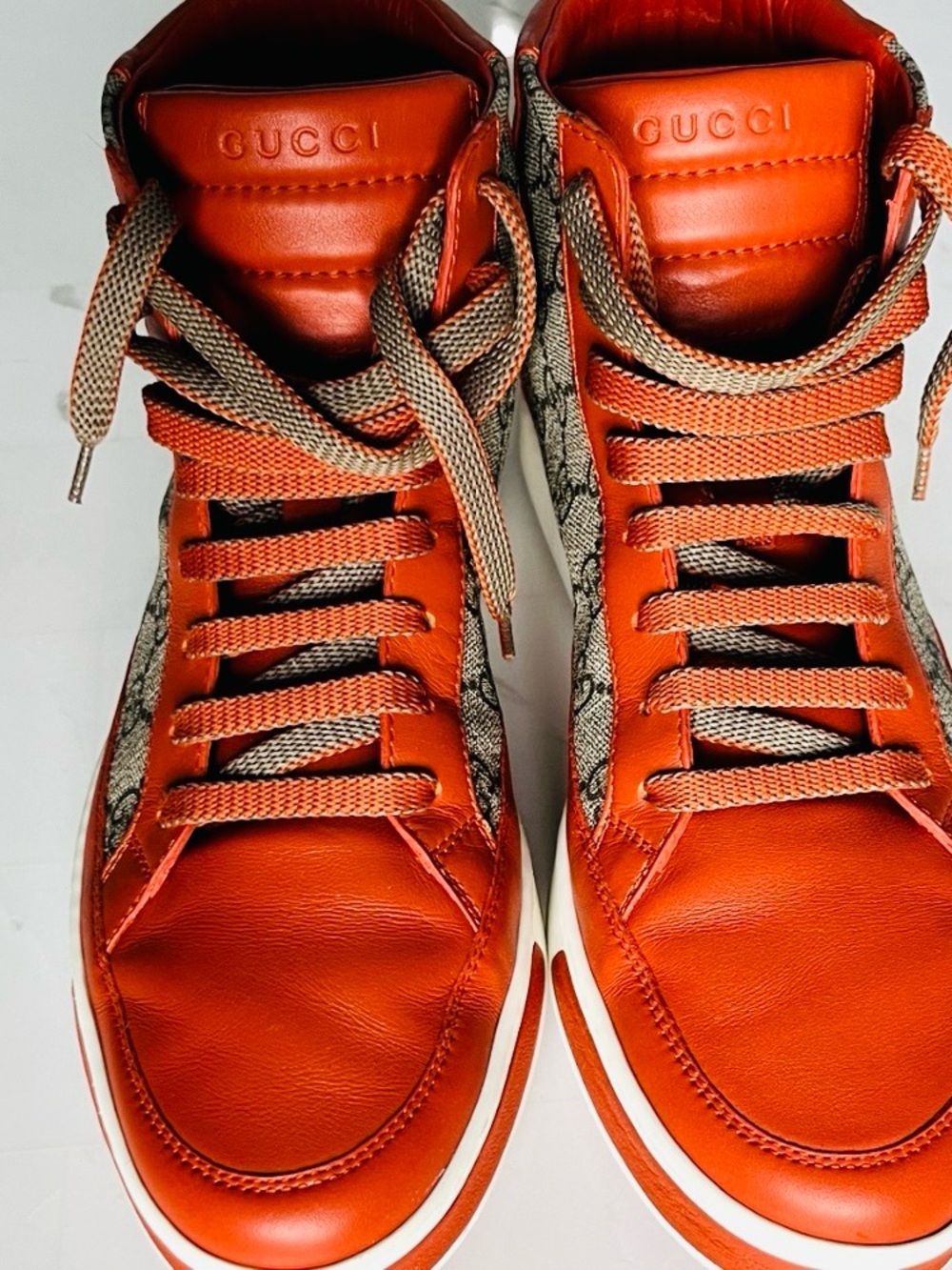 Rare Gucci Men’s Orange Leather & GG Canvas High-Top Sneakers - Picture 2 of 3